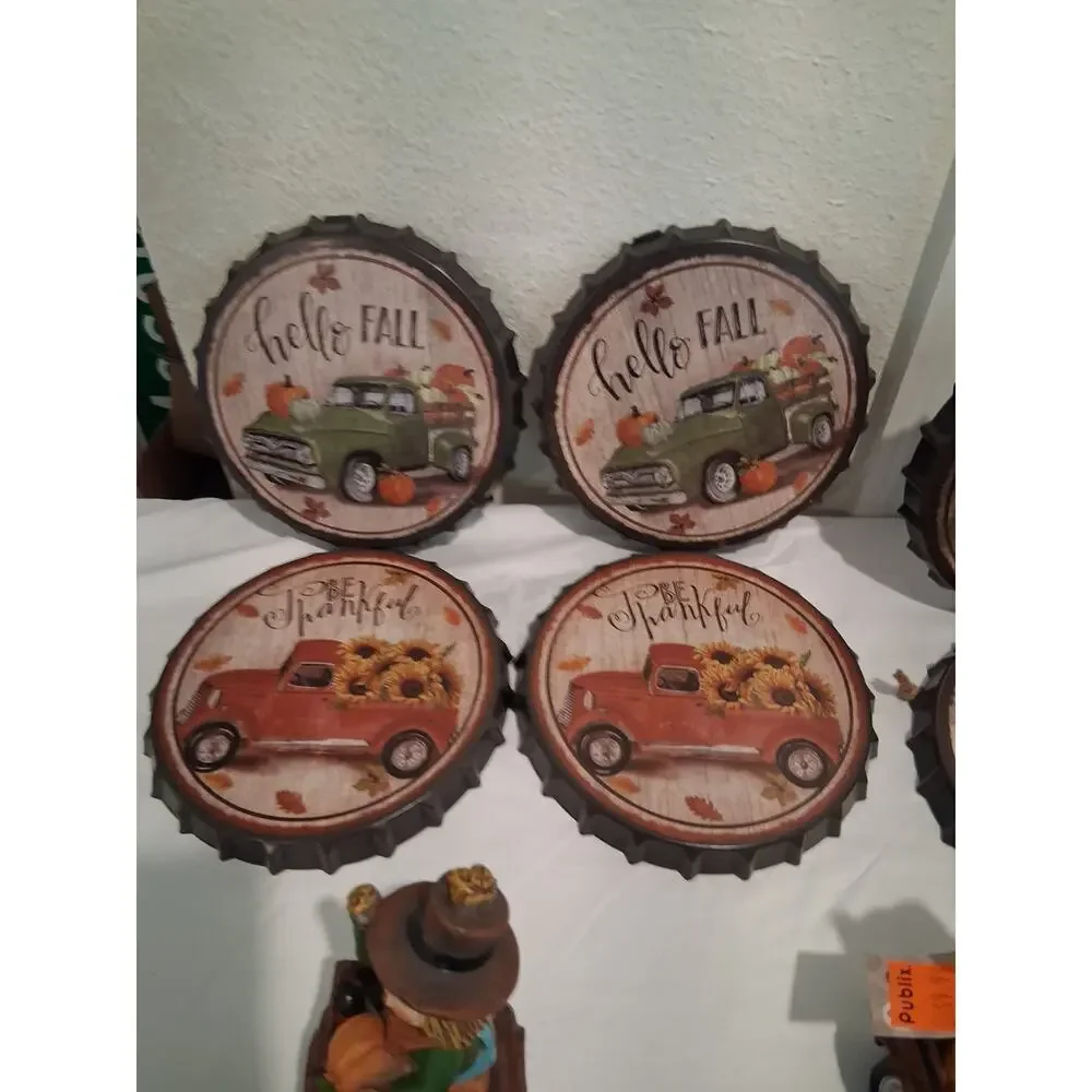 Huge 16pc Fall Autumn Decor Lot Scarecrow Truck Tractor Bottle Cap Signs Publix